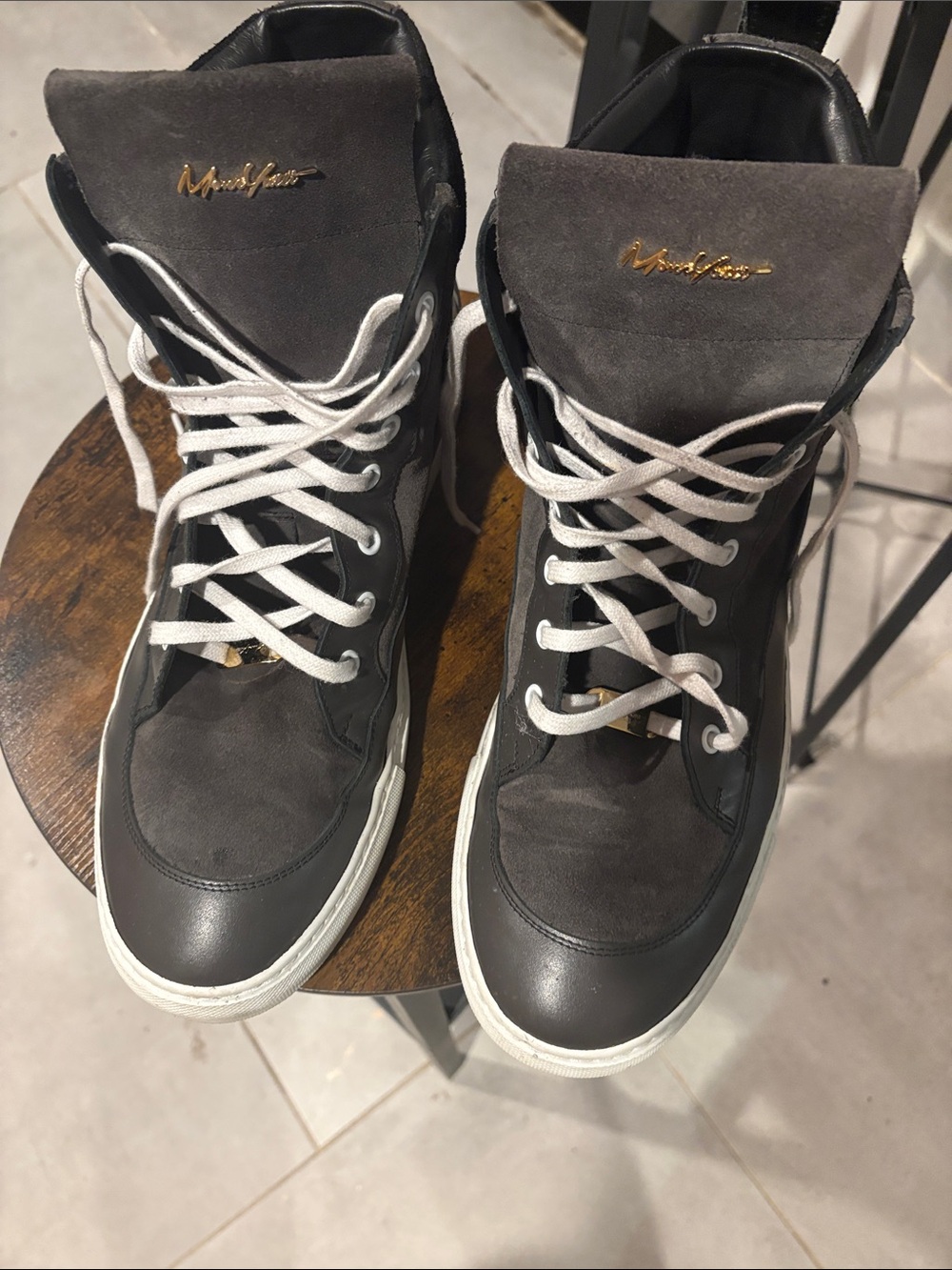 Men's High-Top Sneakers in Dark Gray with White Laces